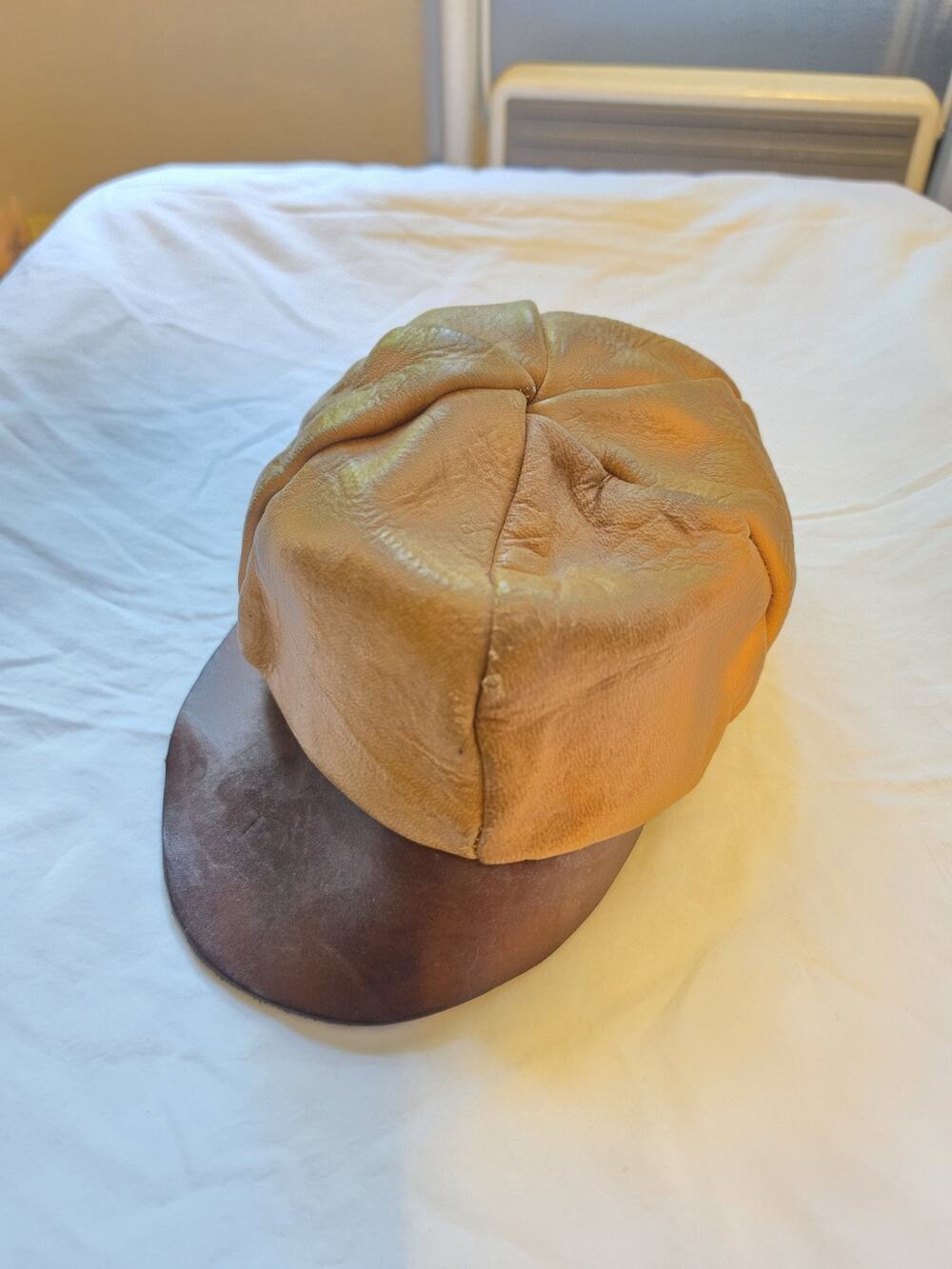 Vintage Handmade Leather Hat Cabbie Newsboy Biker Cap Camel/Brown 1970s
